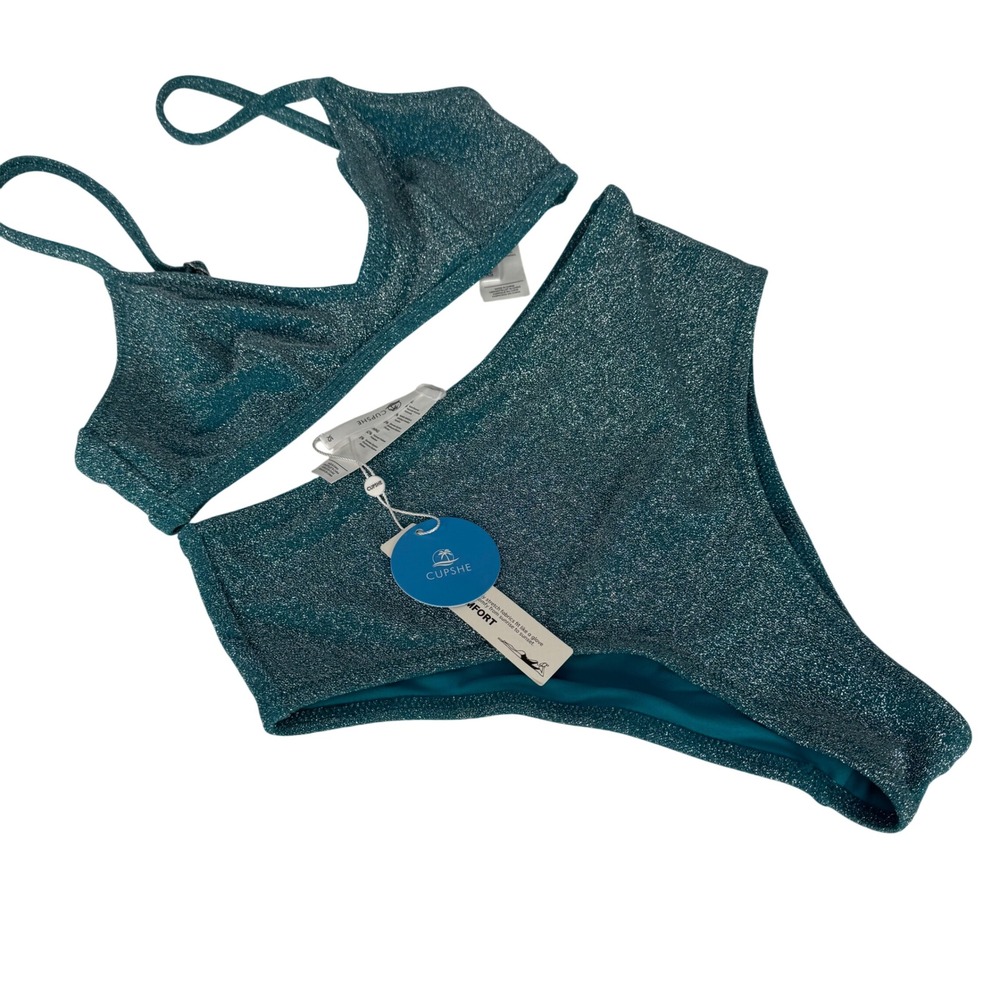 Cupshe Bikini Set Womens XS Teal Metallic High Waisted Shimmer New Mermaidcore